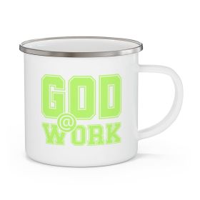 Enamel Camping Mug, God @ Work Neon Green And White Print