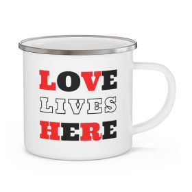 Enamel Camping Mug, Love Lives Here Christian Red Black Illustration